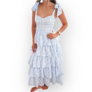 Juliet the Label The Arabella Dress size Large Tie Strap Blue White Plaid Maxi